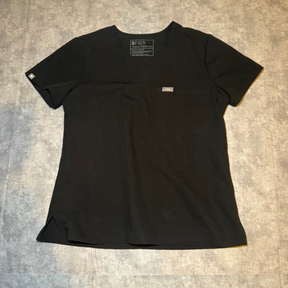 FIGS Technical Collection Scrub Top Black V-Neck Chest Pocket XS/P Womens